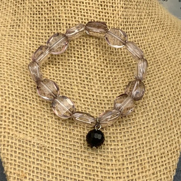 Clear Black Charm Bracelet Stretch Faceted Silver - Picture 1 of 2